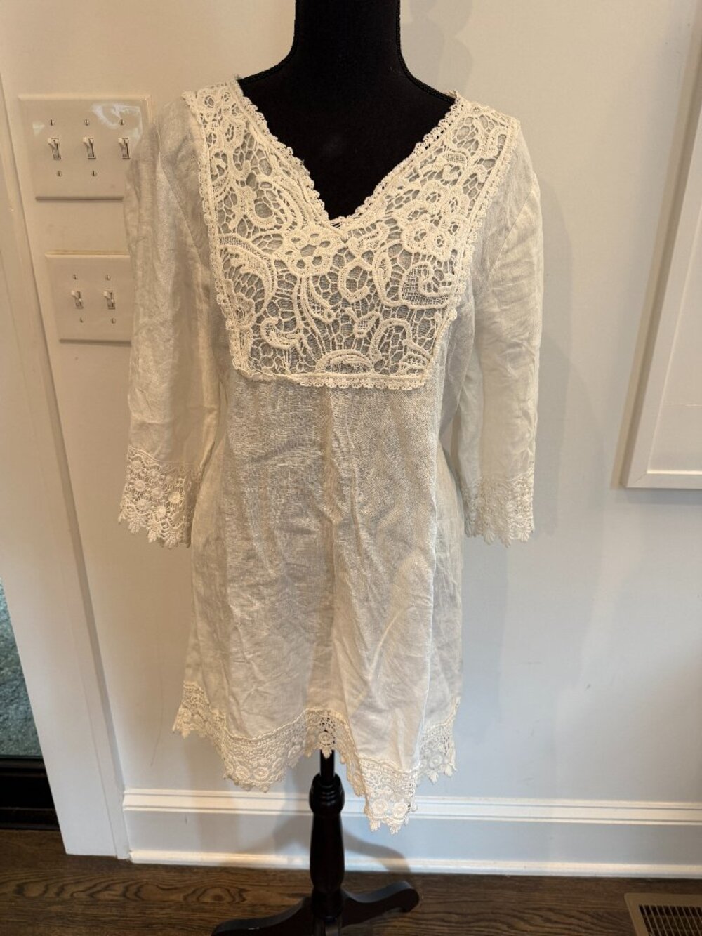 Harem Accessories Cream Crochet Lace V-Neck Shift Dress M/L Boho
